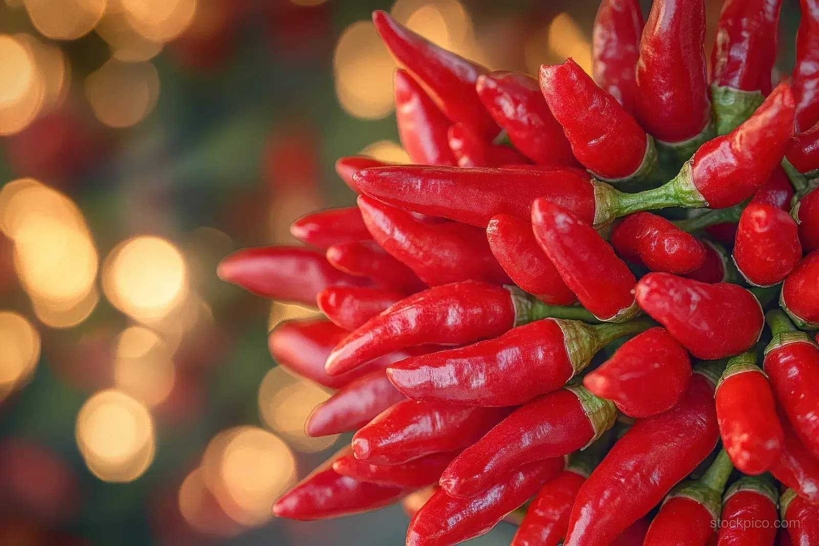 Close-up of red chili peppers with green stems against a warm blurred bokeh background.