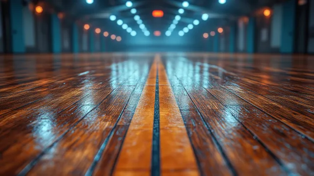 Polished wooden indoor futsal court floor with center lines glowing under dramatic overhead lights.