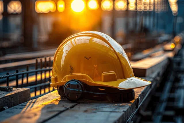 Yellow construction hard hat lies on steel beams with warm sunset lighting and blurred factory equipment behind it.