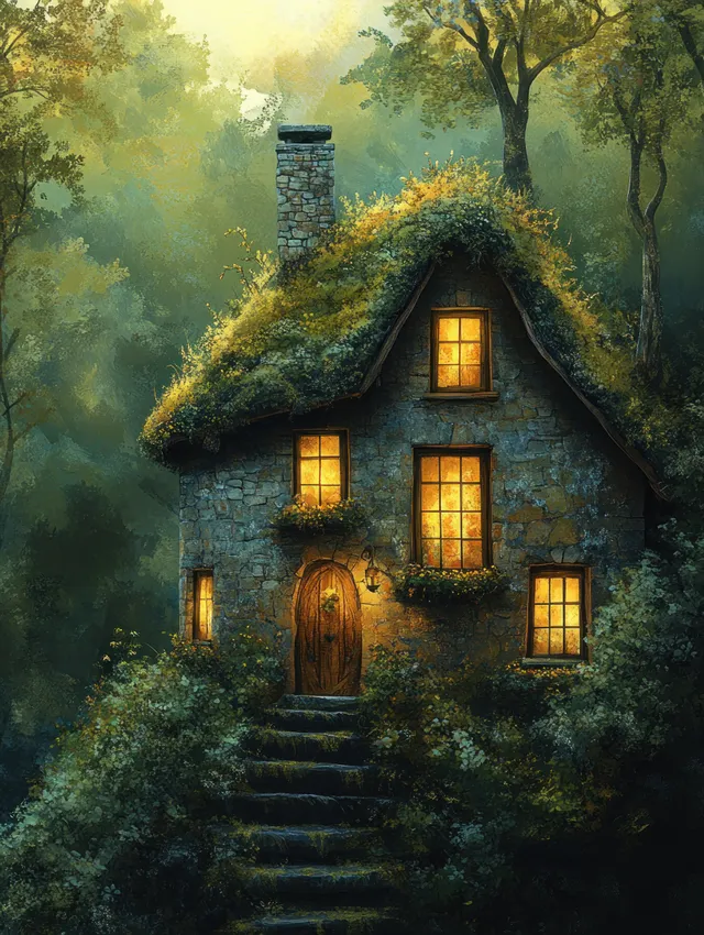 A crooked cottage with a mossy roof glows with warm windows along a misty path in a fantasy village.