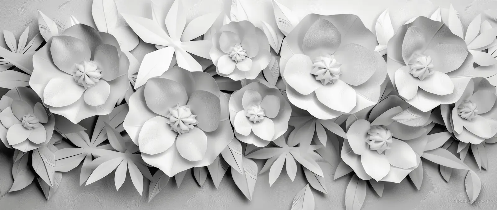 White layered 3D leaves and flowers arranged in repeating geometric bursts across a tile-like wall background.