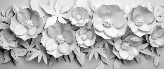White 3D floral leaves burst pattern on geometric tile wall backdrop