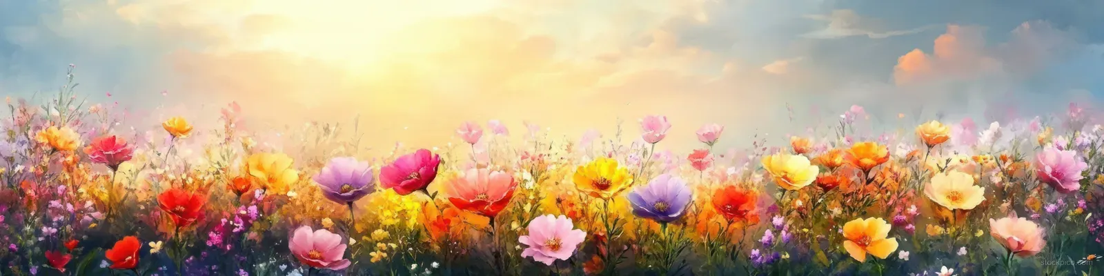 Colorful spring flower meadow illustration stretching under a warm sunrise sky.