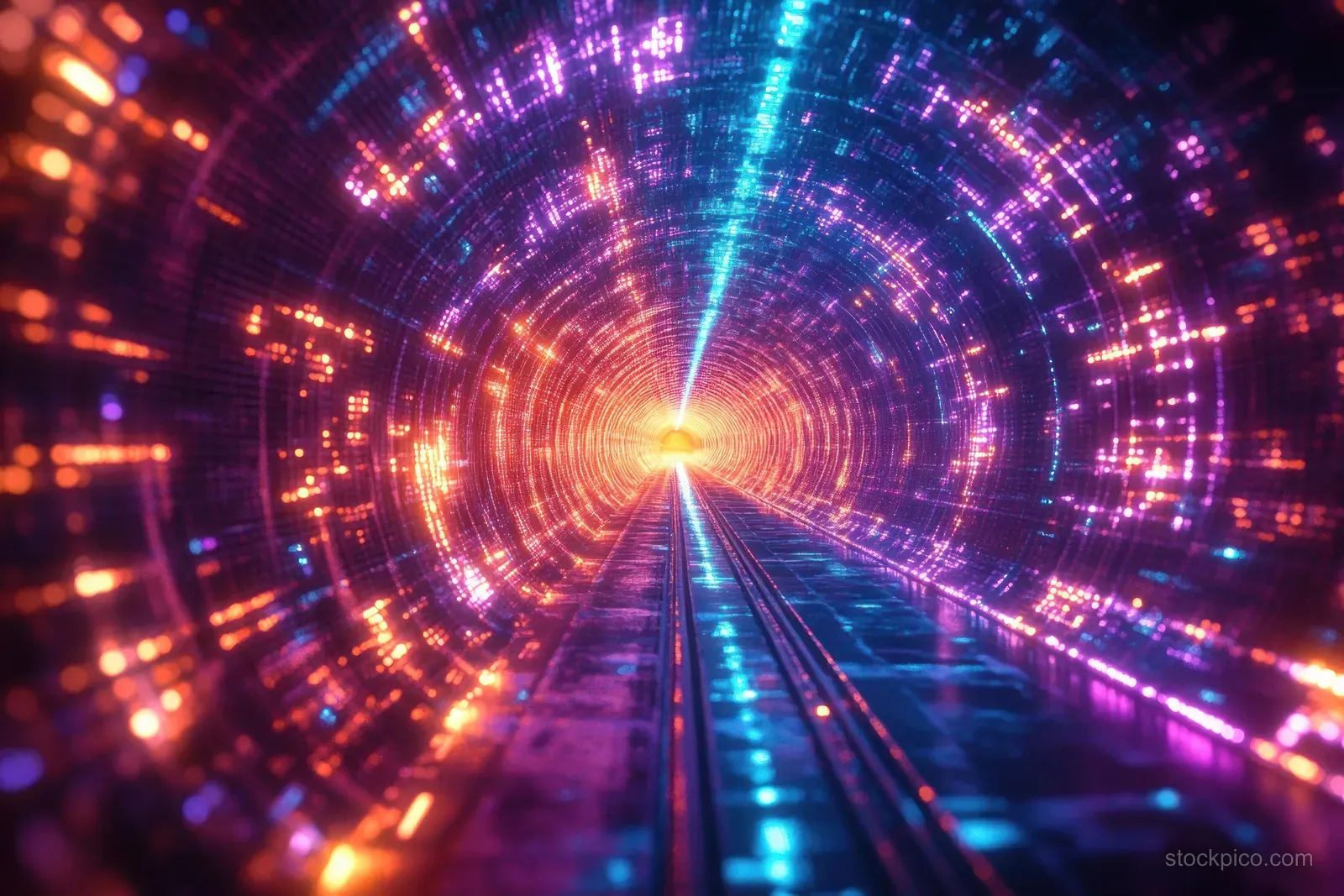 A glowing neon cyberpunk tunnel recedes into a bright center with multicolored light rings and streaks.