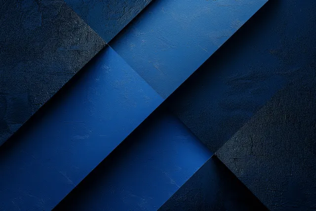 Dark blue geometric background with diagonal stripes, metallic triangles, and subtle grain texture