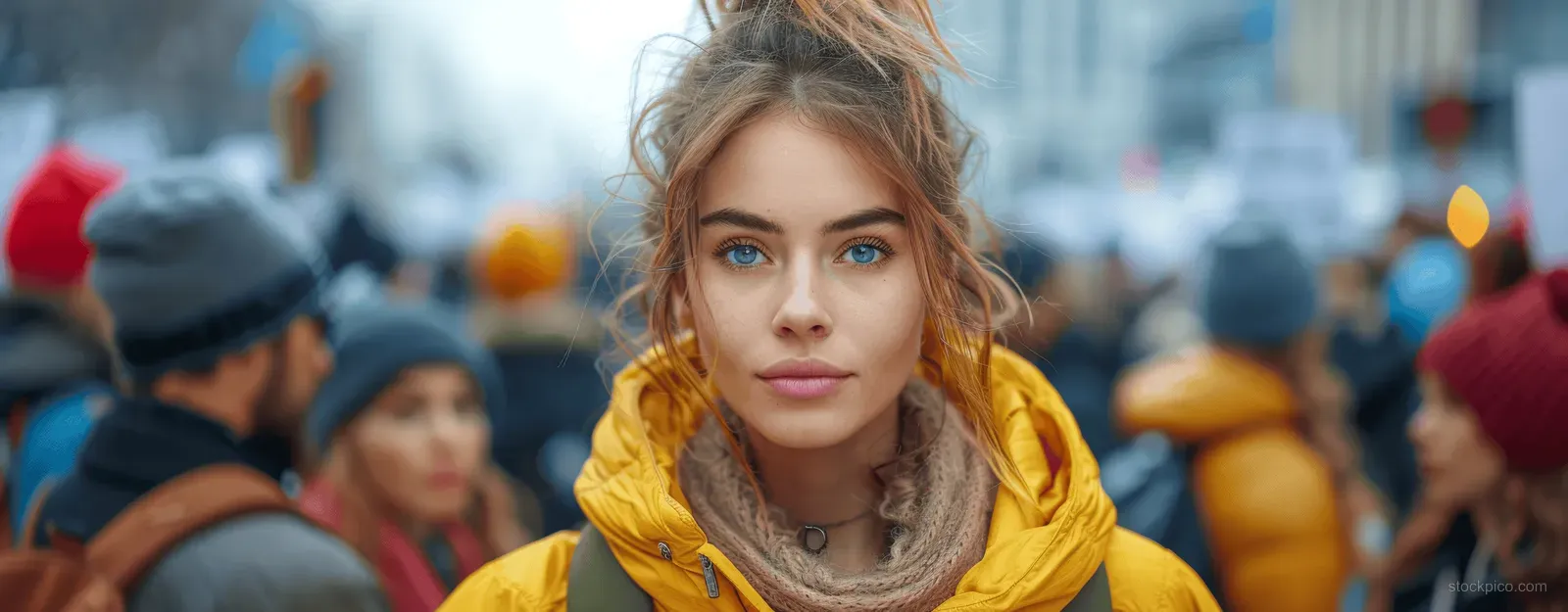Young woman in a yellow jacket stands in the foreground while a crowded city street scene blurs behind her.