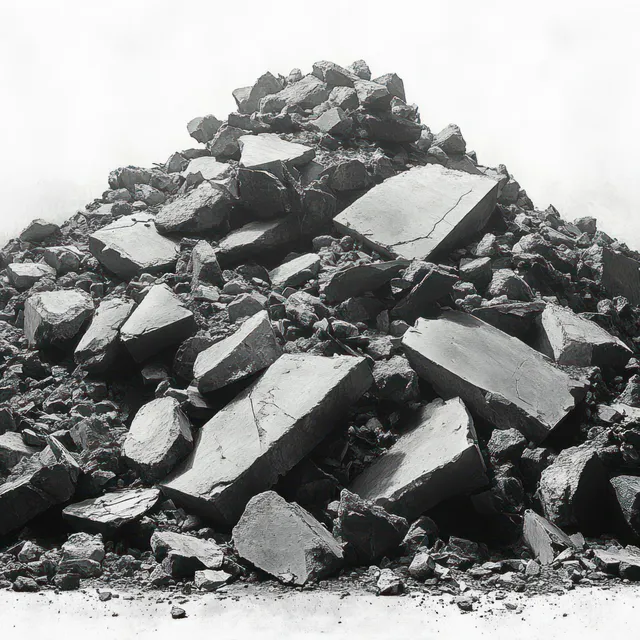Heap of broken concrete slabs and rubble piled on plain ground with rough gray fragments.