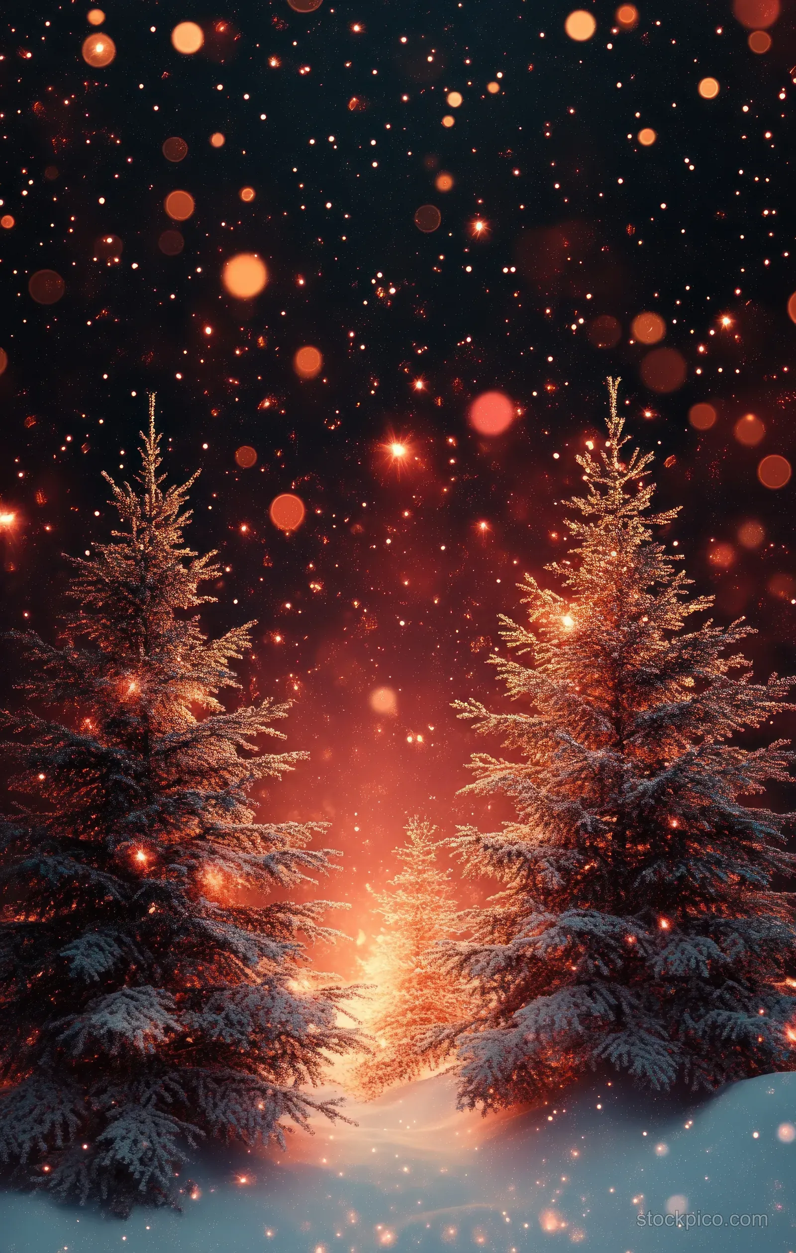 Snow-covered pine trees at dusk with warm golden bokeh lights and softly falling snowflakes.