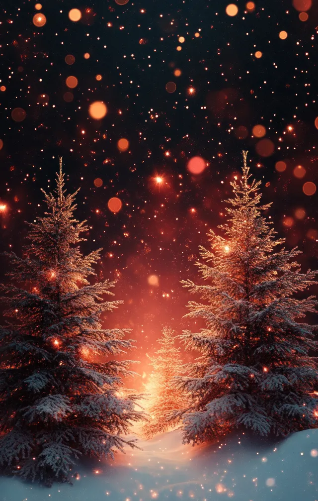 Snow-covered pine trees at dusk with warm golden bokeh lights and softly falling snowflakes.