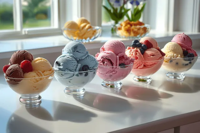 Assorted ice cream scoops in glass bowls arranged on a white table by a bright window.