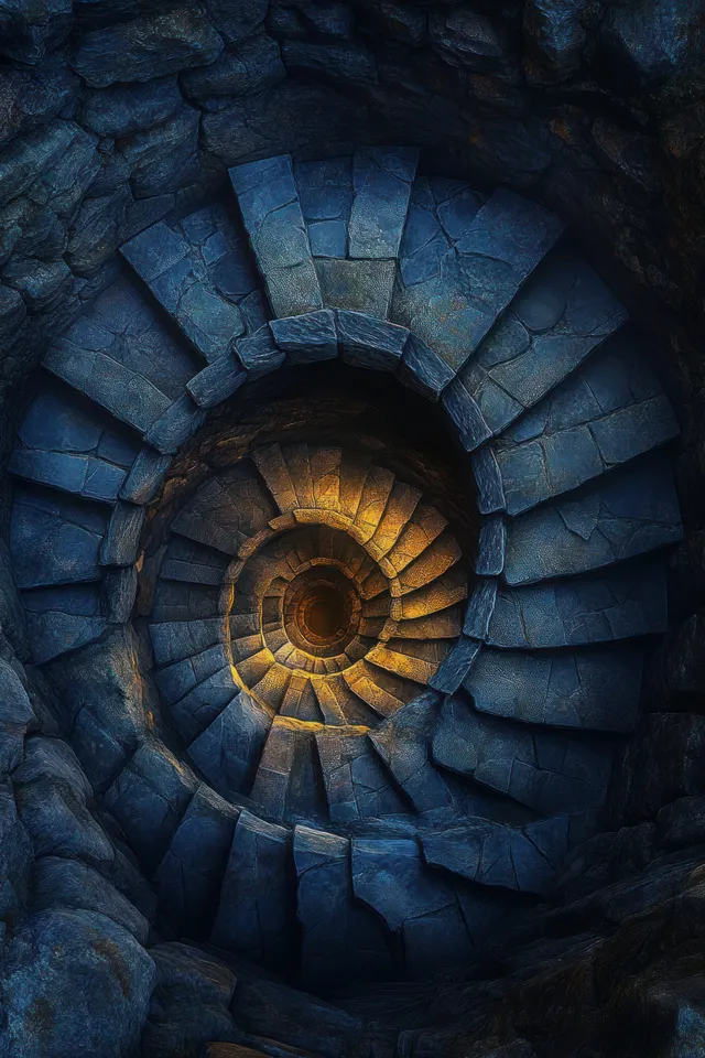 Top-down view of a gothic spiral stone staircase descending into a dark abyss with a warm torch glow.