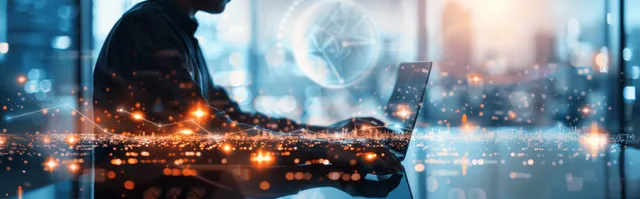 Doctor typing on tablet with glowing network data over hospital skyline