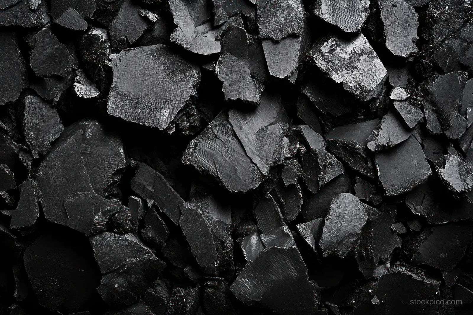 Shiny black mineral flakes piled together, revealing jagged edges and layered textured surfaces.