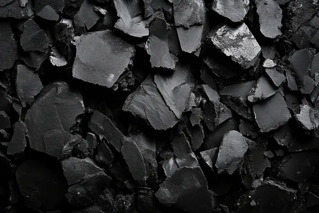 Shiny black mineral flakes piled together, revealing jagged edges and layered textured surfaces.