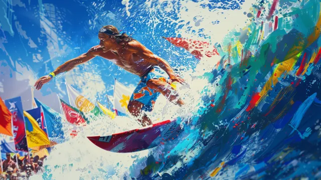 Surfer on a shortboard carving a blue wave with large water spray near cheering flags.