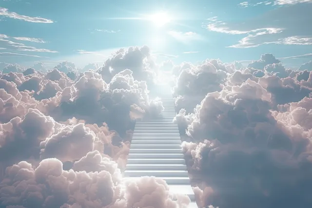 A bright staircase rises from glowing clouds into a radiant sunbeam against a blue sky.