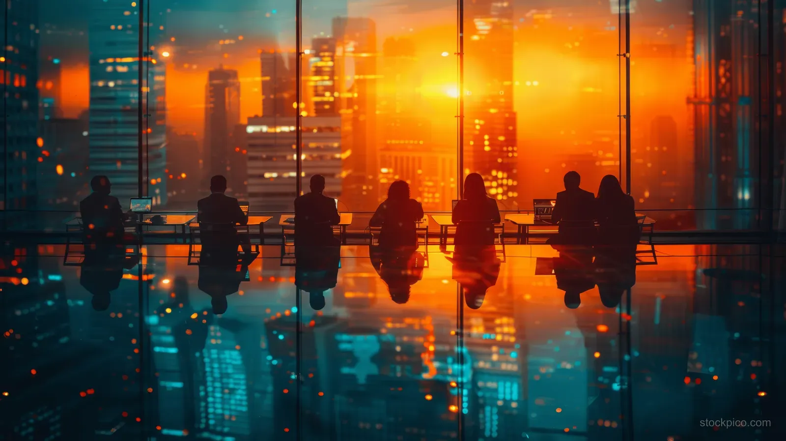 Silhouetted team meeting around a table beside a glass wall with sunset city lights behind them.
