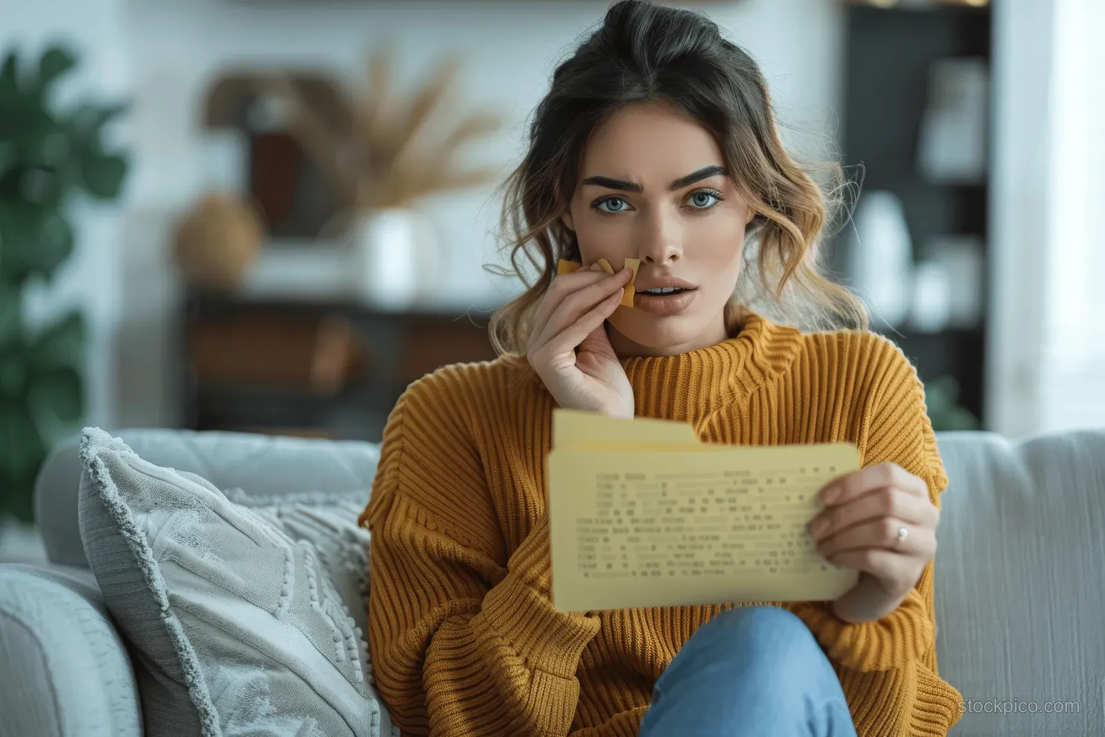 Worried woman sitting on a sofa at home holds a letter and reads bad news with an anxious expression.