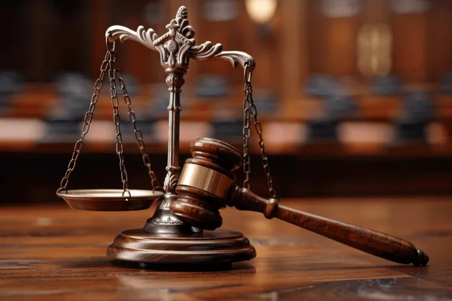 Gavel and scales of justice on courtroom wooden table with soft bokeh background