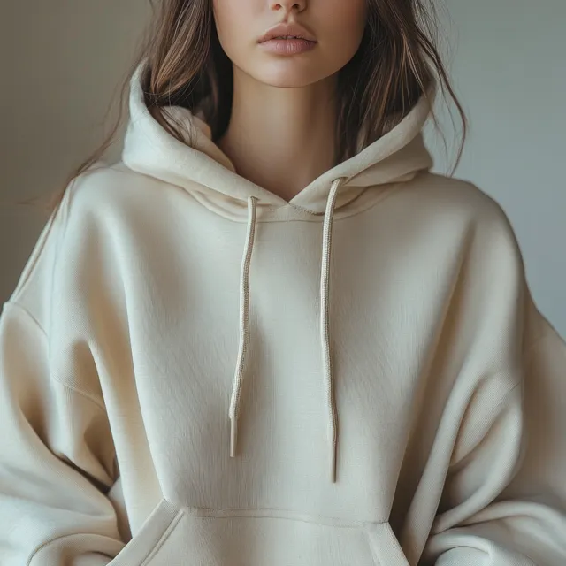 Smiling young woman wearing a beige oversized hoodie in a close-up portrait against a neutral background.