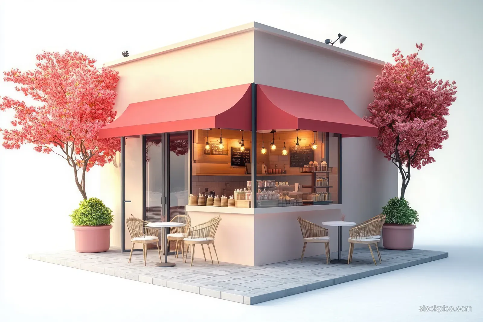 Minimal 3D coffee kiosk with pastel outdoor chairs, potted trees, and warm lights inside the glass window.