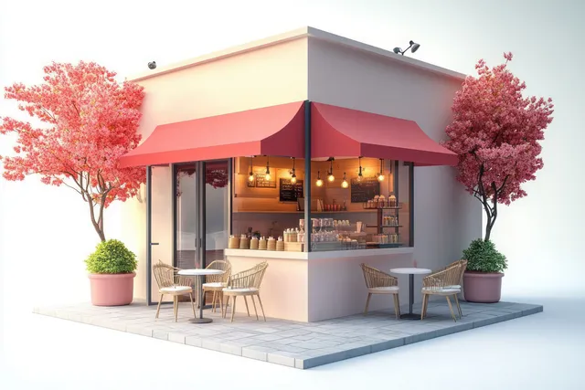 Minimal 3D coffee kiosk with pastel outdoor chairs, potted trees, and warm lights inside the glass window.