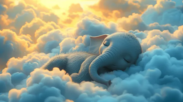 A baby elephant sleeps curled on fluffy clouds with warm golden light behind it in a fantasy sky.