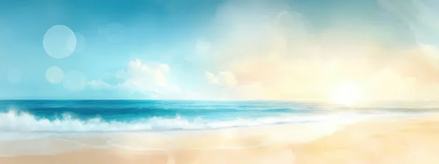 Watercolor ocean waves and sandy shore on a bright summer horizon with soft bokeh light effects.