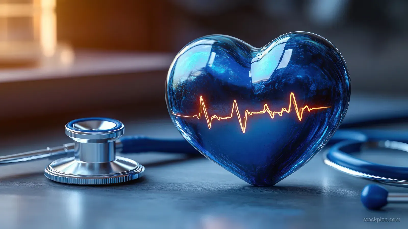 A glowing blue glass heart with a heartbeat waveform sits beside a metallic stethoscope on a smooth table.