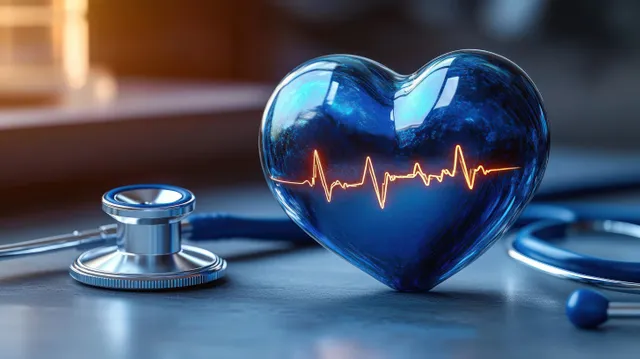 A glowing blue glass heart with a heartbeat waveform sits beside a metallic stethoscope on a smooth table.