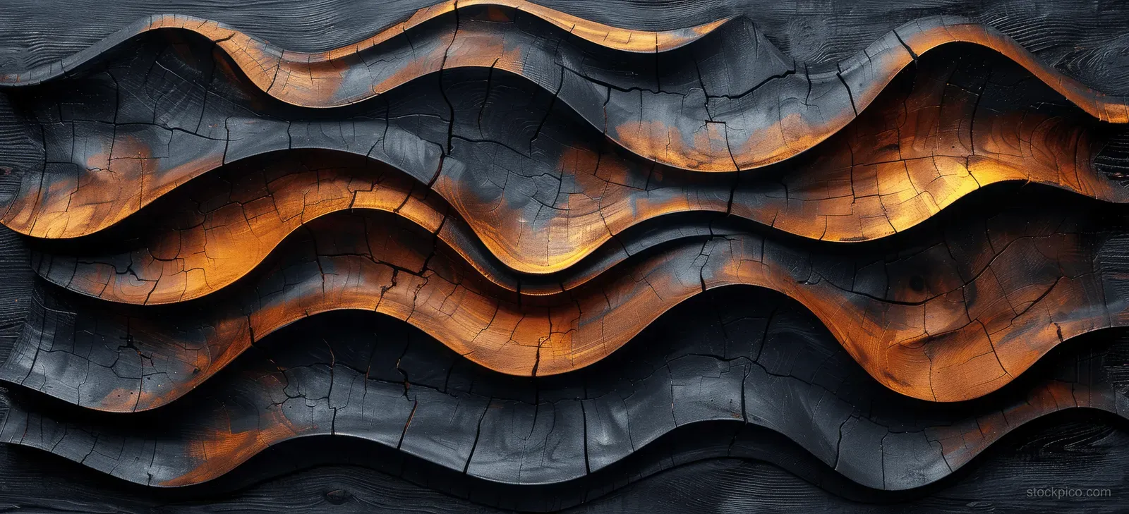 Carved dark wood wave pattern with layered grooves and brown streaks on a weathered timber background.