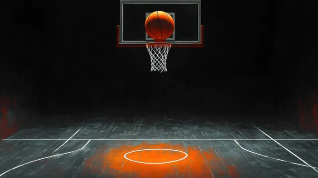A basketball hovers above the hoop on an empty indoor court, illuminated by a vibrant orange spotlight.