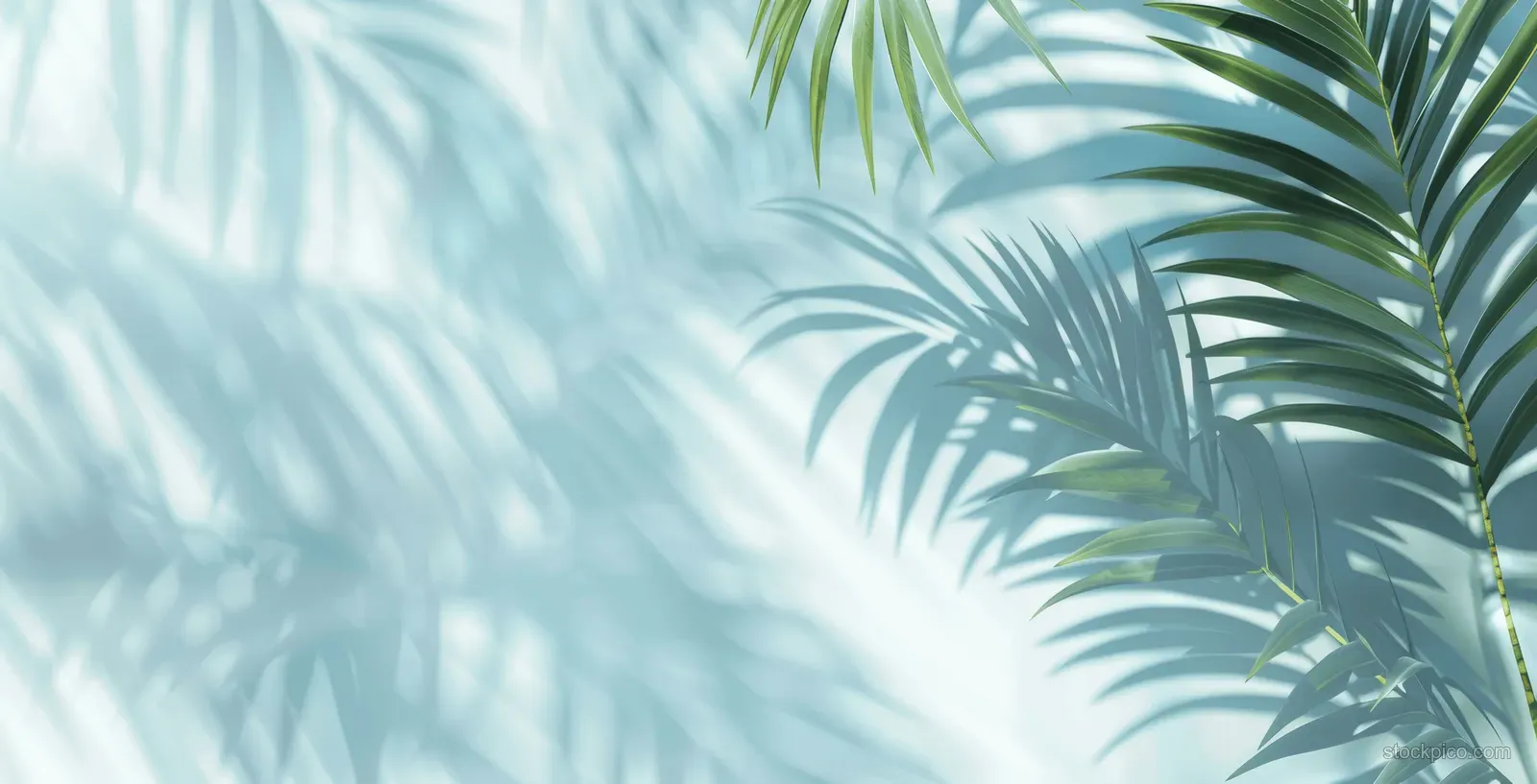 Sunlit palm leaf shadows blur across a white wall creating a tropical airy background.