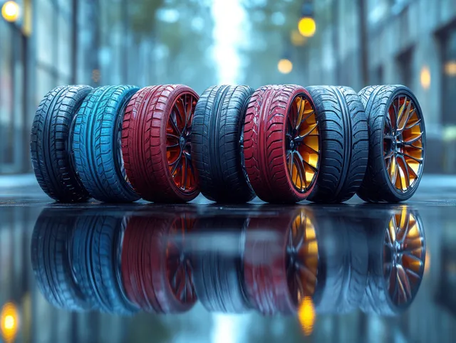 Stacked car and truck wheels displayed side-by-side with glossy reflections