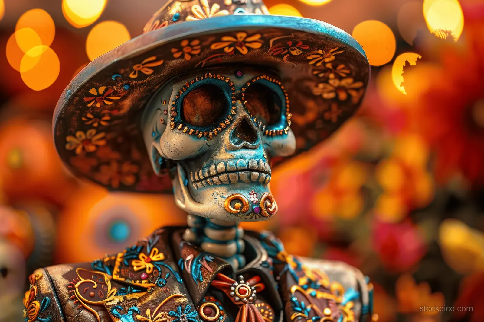 Day of the Dead skeleton figurine with a floral hat and suit against a background of warm colorful lights.