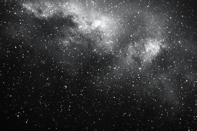 Black and white star field with dense clusters and cloudy nebulae over deep space darkness with Celestial Map Feel