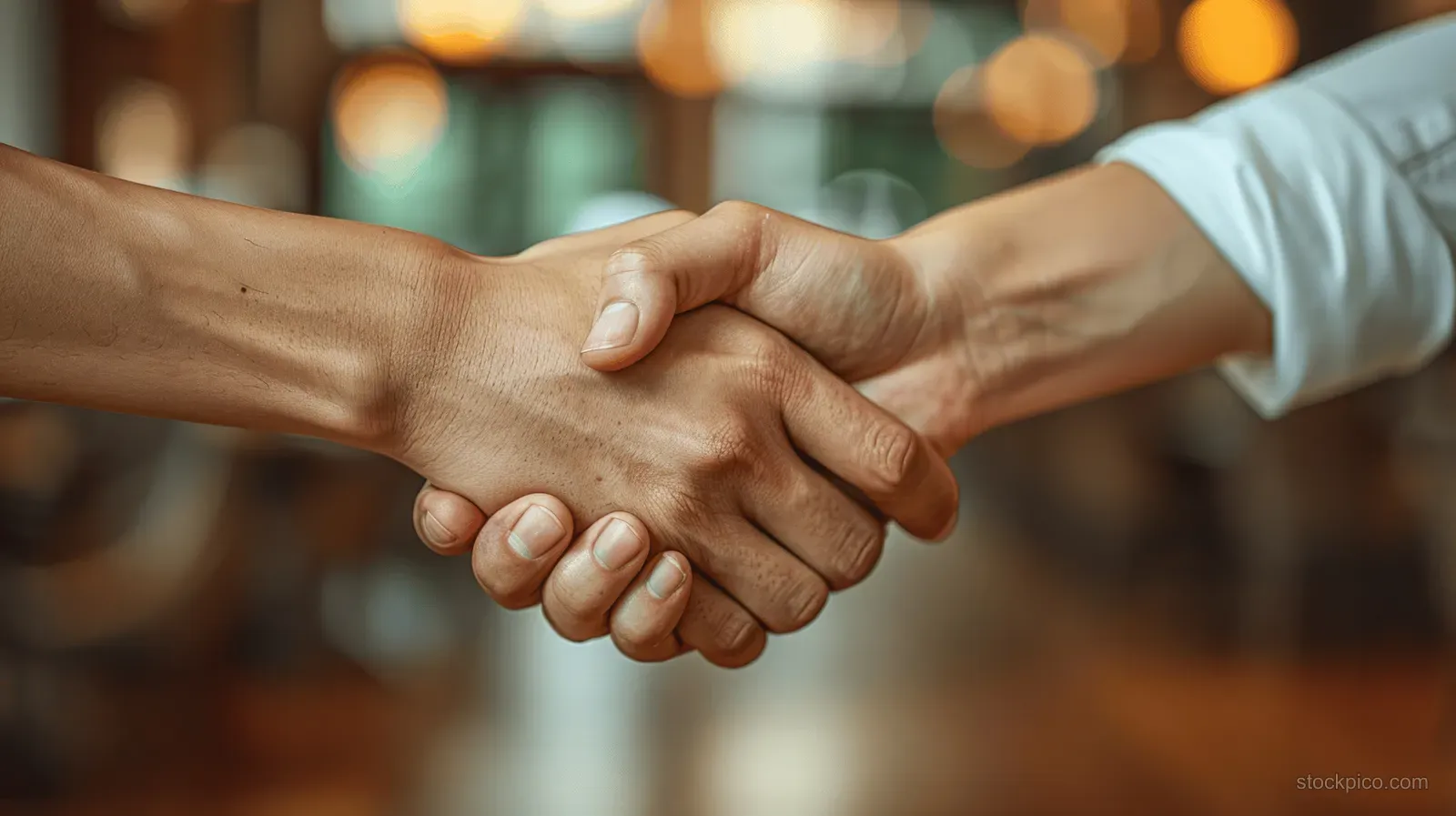 Two businessmen in suits shake hands in a blurred office, suggesting a partnership agreement and corporate deal.