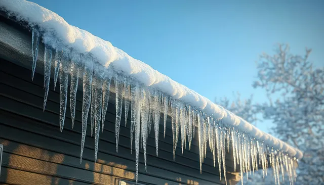 Long icicles hang from a snow-covered roof edge while sunlight reflects under a clear blue winter sky.