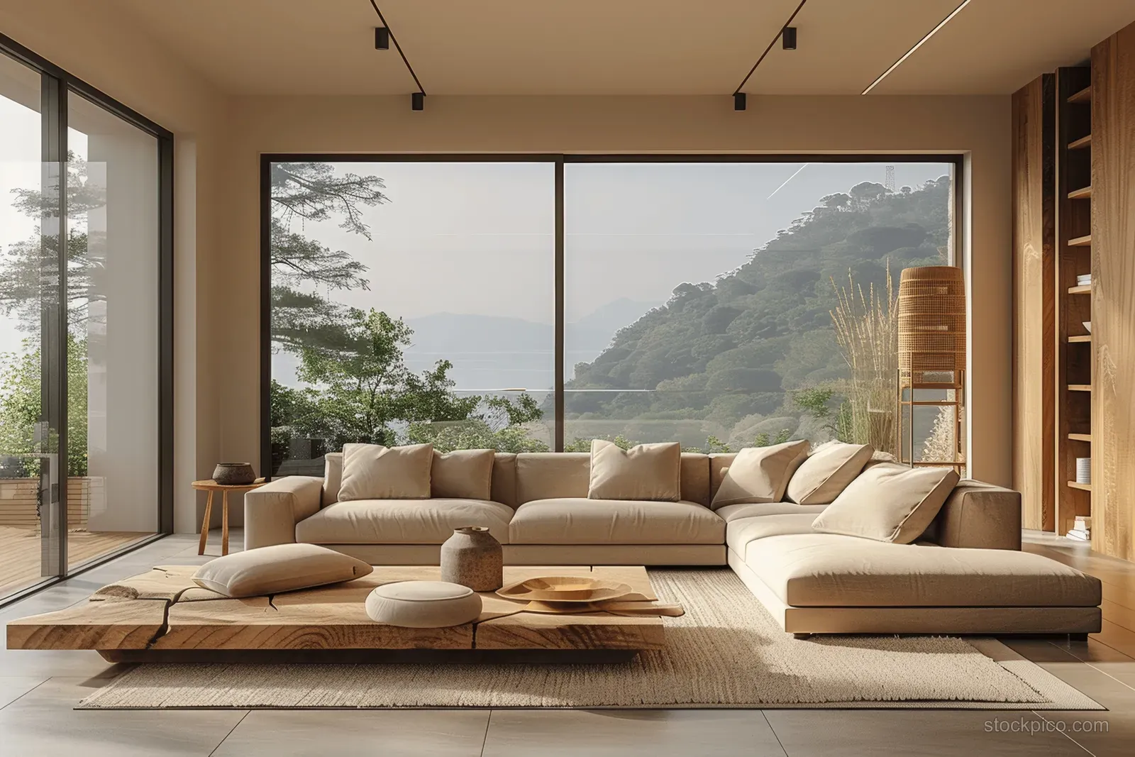 Japandi living room with a beige modular sofa, light wood furniture, and panoramic mountains seen through large windows.