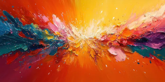 Explosión abstracta de cómic que irradia hacia afuera con un centro naranja intenso y trazos multicolores de pintura.