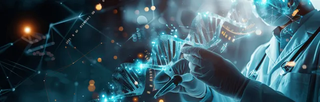 A gloved scientist gestures toward glowing DNA holograms in a blue-lit laboratory with molecular light effects.