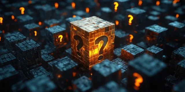 A glowing golden cube with a question mark appears among floating question marks over dark 3D blocks.