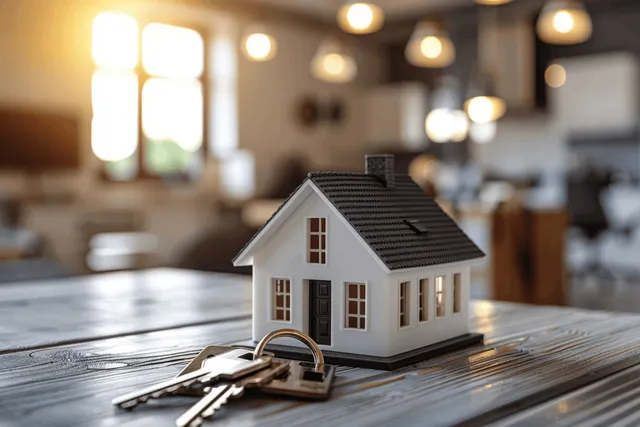 Mini house model with keys and contract on kitchen table by blurred windows
