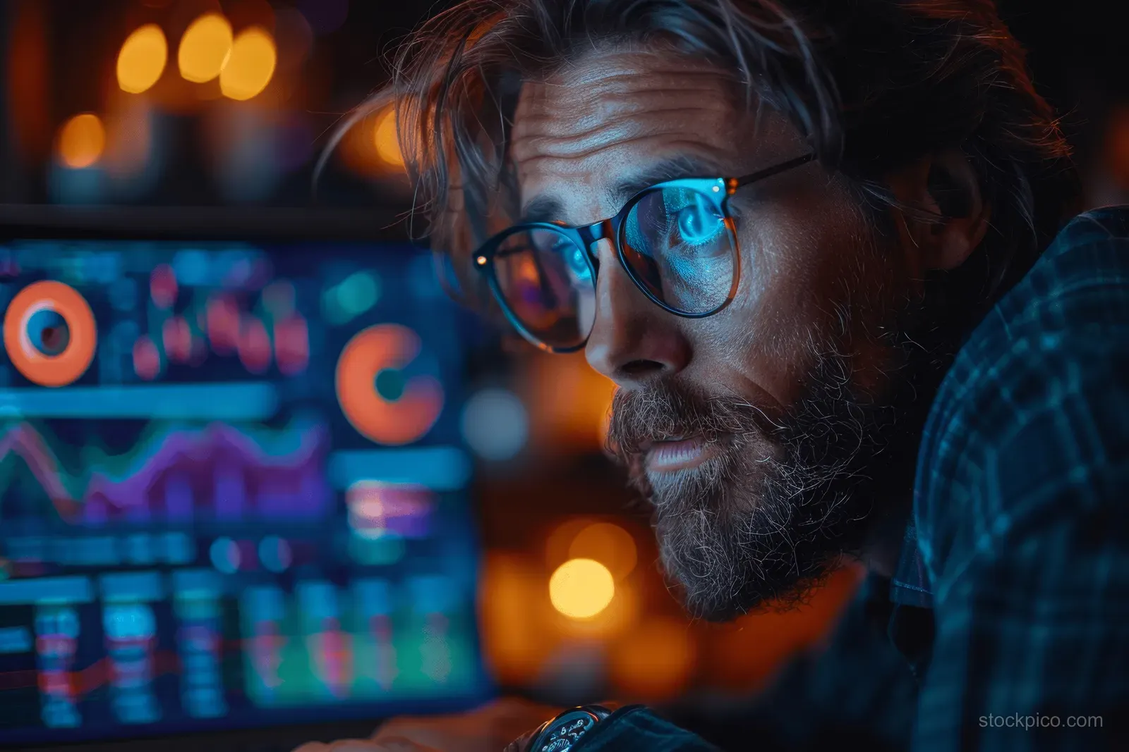 Businessman working on a laptop with a virtual screen overlay displaying growth charts and performance metrics.