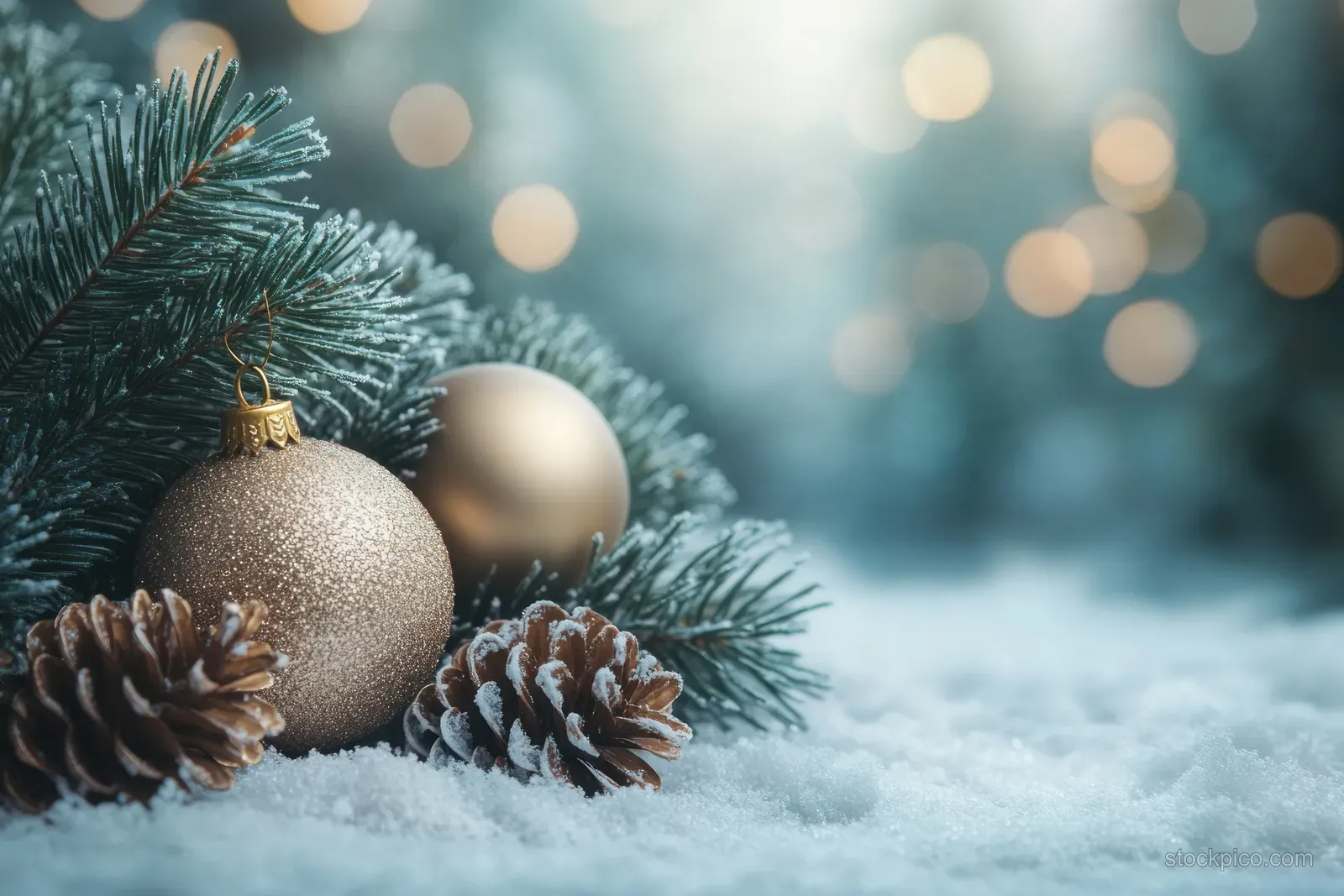 Pine branches, pinecones, and gold and silver Christmas ornaments sit on snow with blurred lights in the background.
