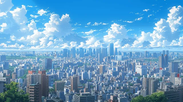 Anime-style Tokyo skyline panorama with many skyscrapers under a bright blue daytime sky and scattered clouds.