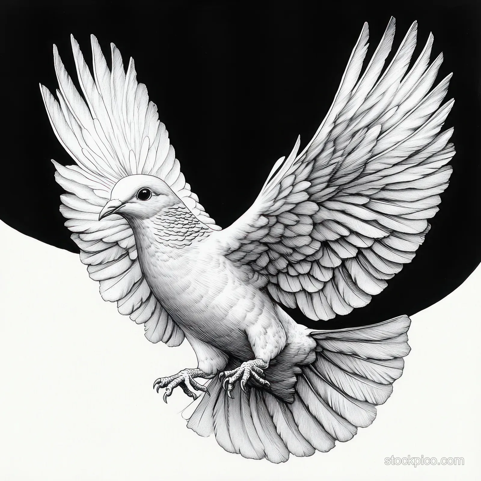 Black-and-white dove in flight with spread wings, detailed feather engraving style on a dark background.