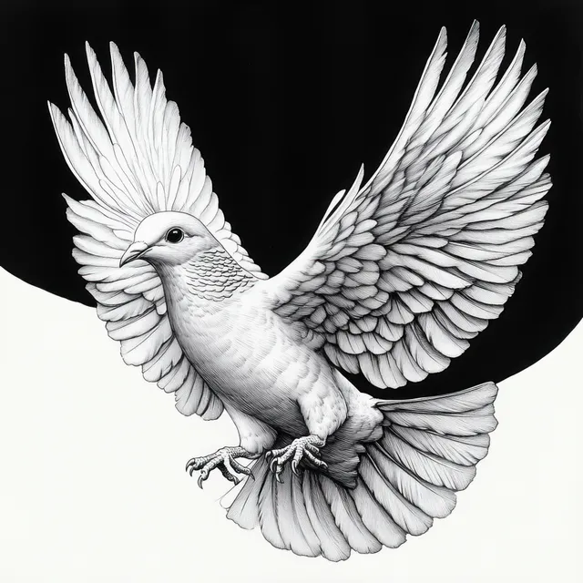 Black-and-white dove in flight with spread wings, detailed feather engraving style on a dark background.