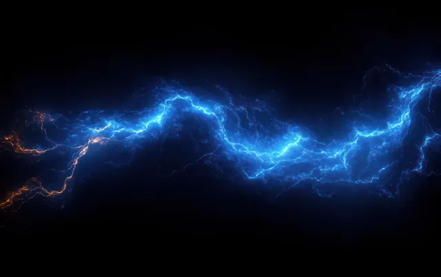 Electric blue lightning streaking across a dark abstract 3D background with glowing forks