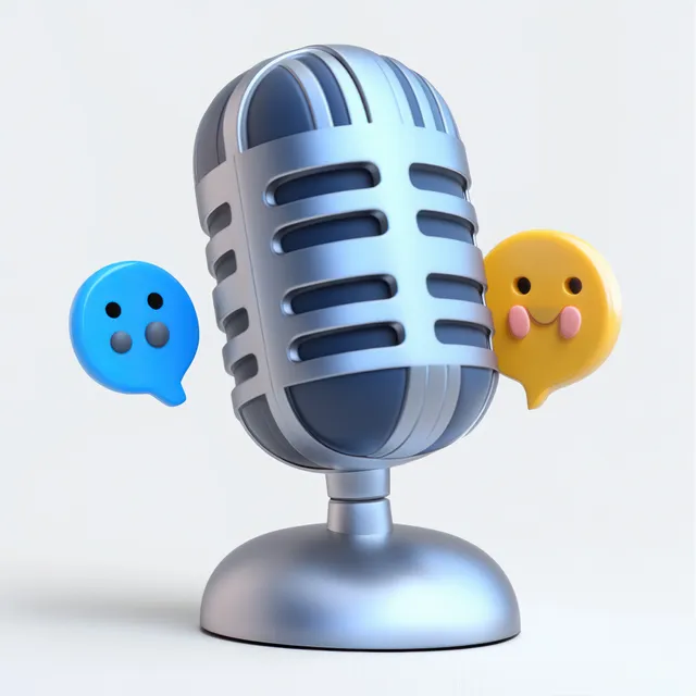 Silver retro microphone with blue and yellow emoji speech bubbles showing surprise and happiness on a white background.